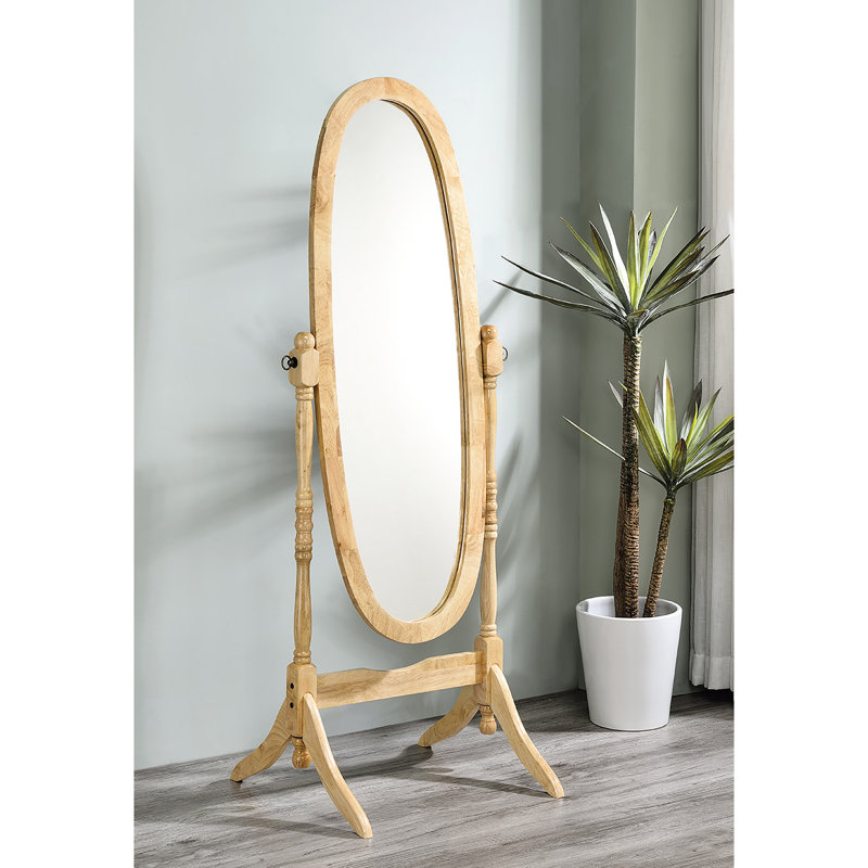 Miroir de plancher de 58,76 po de hauteur en bois à finition naturelle, ovale. Miroir autoportant réglable. S'incline facilement à n'importe quel angle.