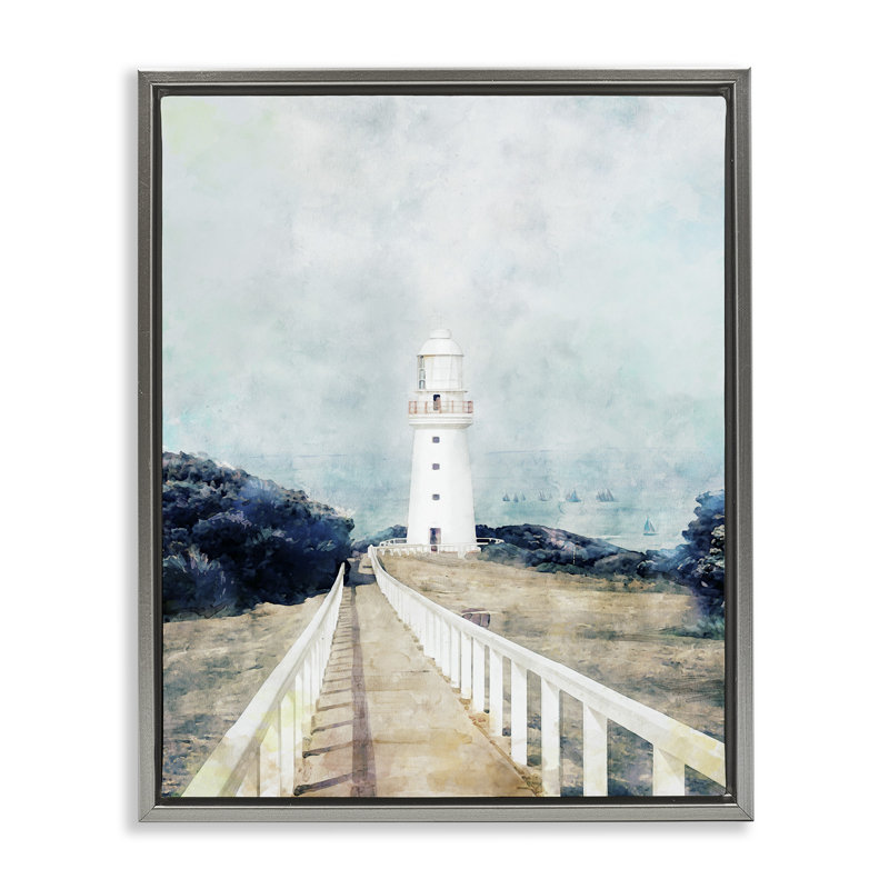 Phare blanc et promenade rustique, Cadre flottant gris lustré, H 21 po x l 17 po