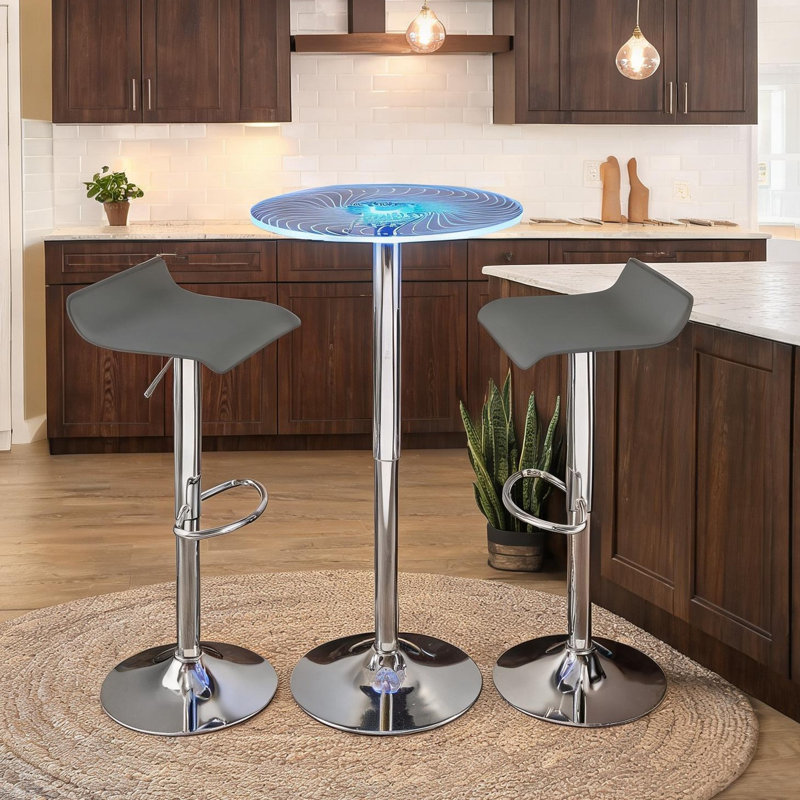 Ensemble de bar réglable 3 pièces avec plateau en acrylique lumineux, PVC gris classique et chrome