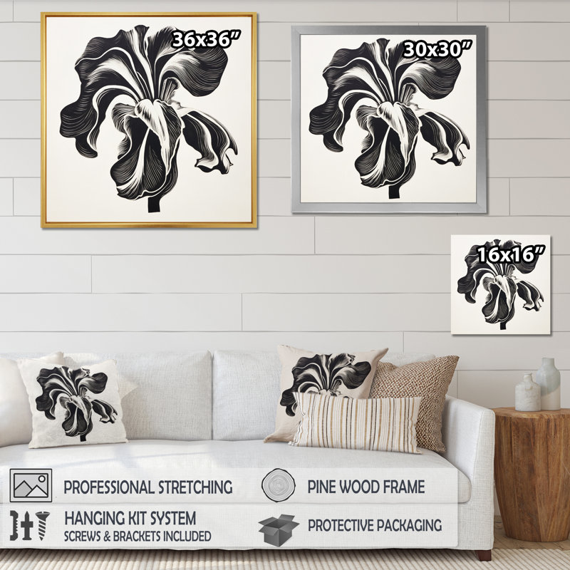 Fleur d'iris noir et blanc sur toile, H 24 po x l 24 po x P 1 po, Cadre simple argenté