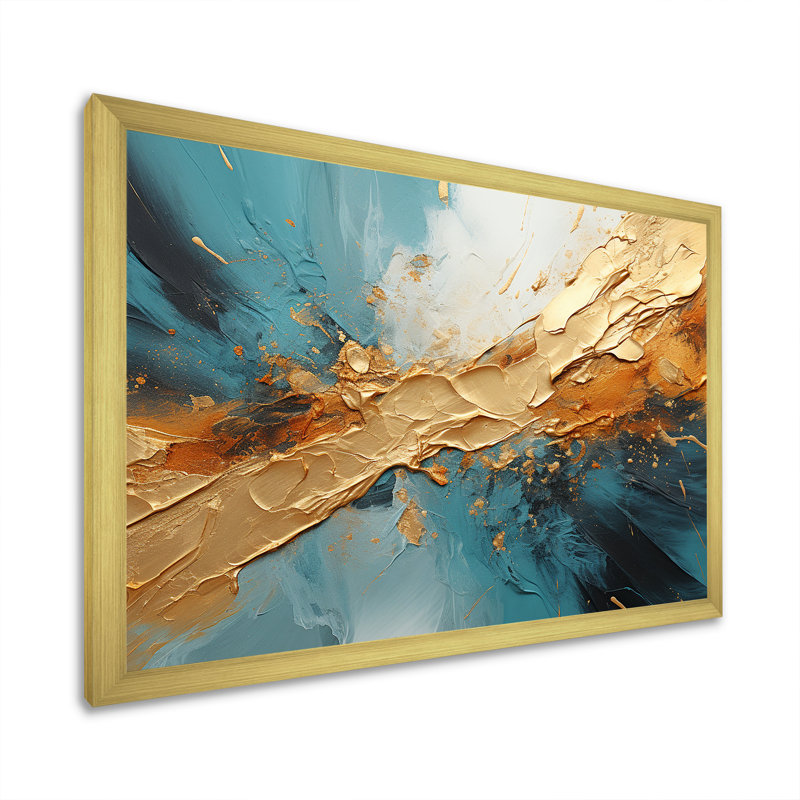 «Gold Turquoise Desert Mirage Spiral I» sur toile, Cadre doré simple, H 34 po x l 44 po x P 1,5 po