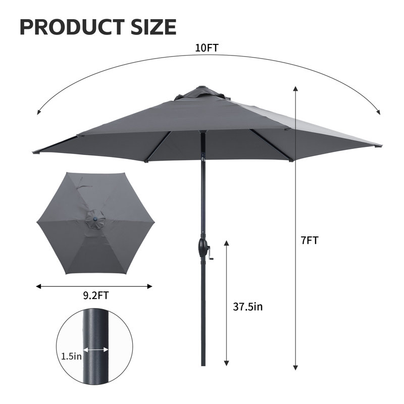Parasol de patio 10 pi avec manivelle et inclinaison, gris, Gris