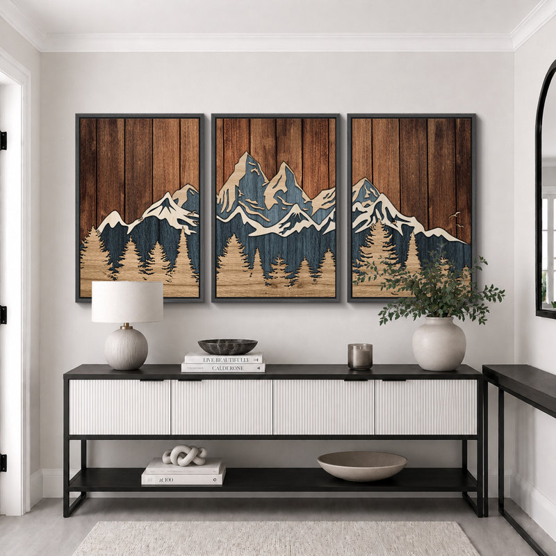 «Western Wood Effect Landscape», œuvre d'art de la forêt de montagne abstraite brune, images murales de cabane de ferme rustique, ensemble de 3 impressions sur toile encadrées