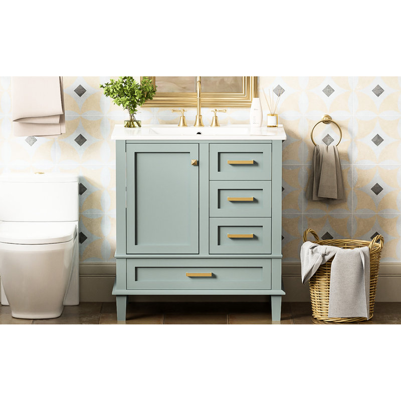 Meuble-lavabo 30 po: armoire avec 3 tiroirs, charnières à fermeture en douceur, lavabo en céramique lisse, poignées en alliage de zinc, meuble-lavabo facile à assembler: 1 porte à fermeture, bois massif, poignées