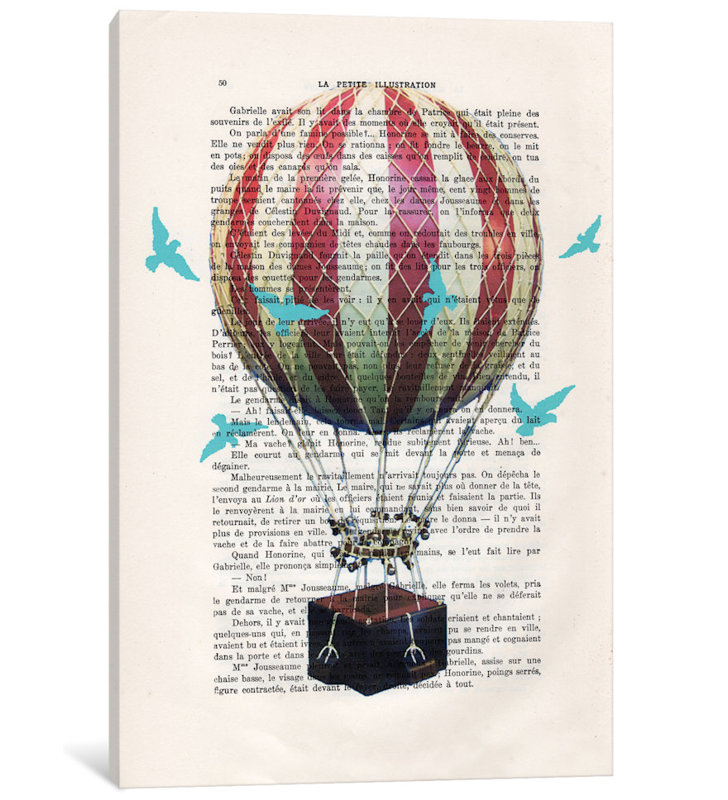 « rétro paper series : ballon d’air chaud avec oiseaux bleus », reproduction d’impression sur toile