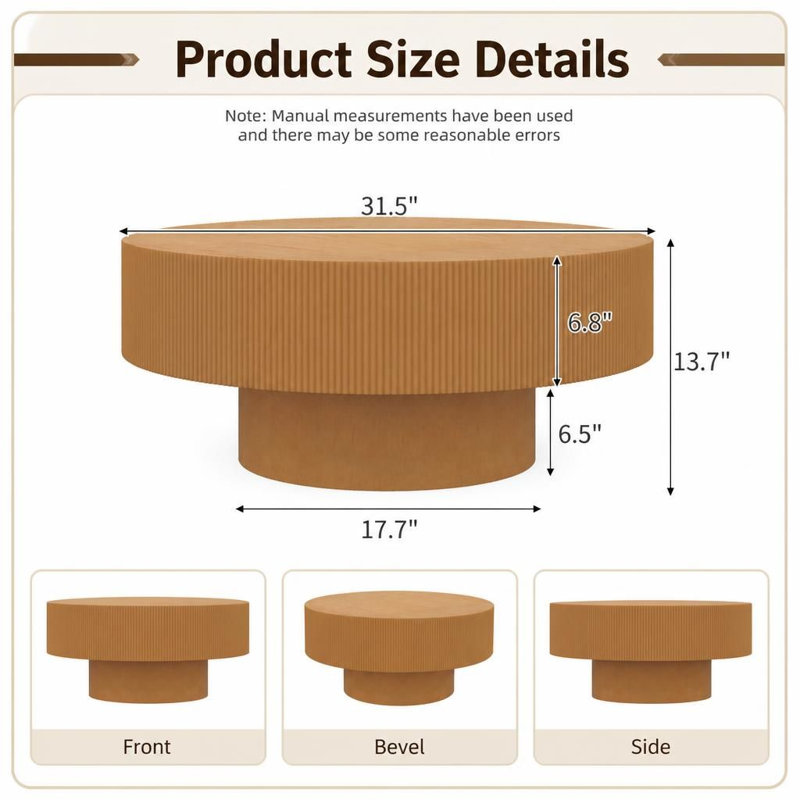 Table basse ronde avec plateau épais, table de bout de style tambour moderne, table centrale cannelée minimaliste avec base robuste