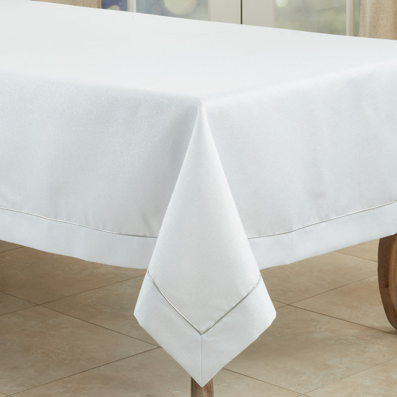 Bourget Collection Shimmering Tablecloth with Piping Detail, 65" W x 104" L, White