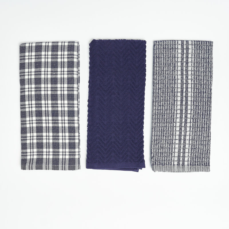 Navy and White Plaid Cotton Kitchen Towels Set of 3