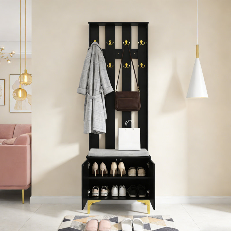 Arbre d'entrée avec banc, rangement pour chaussures et portemanteau, Noir