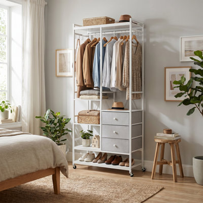 Freestanding Clothes Rail with 3 Drawers & 12 Hooks, Mobile Open Wardrobe, White Garment Rack80cm