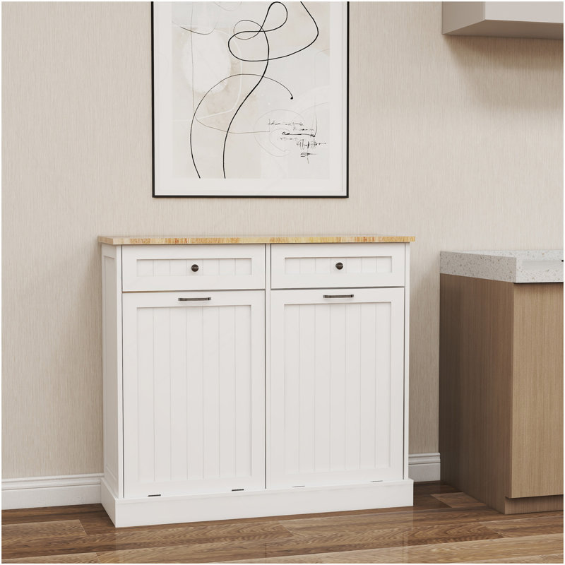 Armoire poubelle de cuisine à deux tiroirs et deux compartiments basculants - blanc