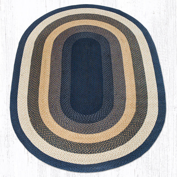  Tapis tressé ovale bleu clair, bleu foncé et moutarde - qualité artisanale, Ovale 6 pi x 9 pi