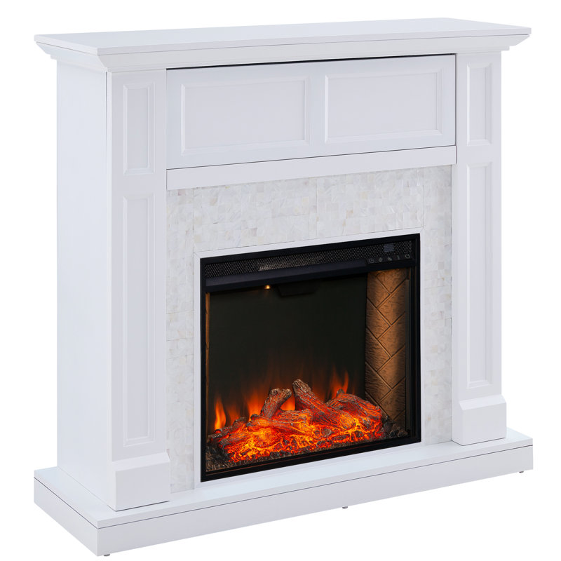 Nobleman Criss Cross Media Fireplace with White Tile Accent Mantel
