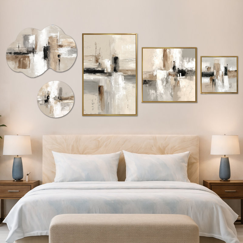 Brown & Black Brushstroke Abstract Painting – Large Contemporary Wall Art, Metal and Framed Canvas Print Set of 5 (100" x 40")