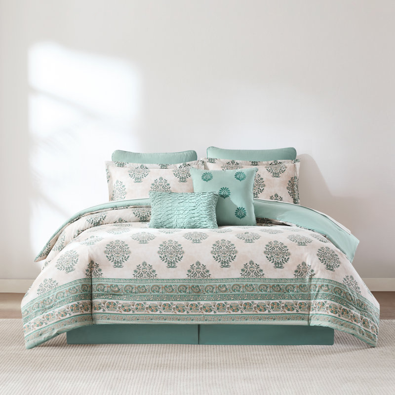 Sofia Flower Block Bouquet Cotton Comforter Teal 8Pc Set, King Comforter + 7 Additional Pieces