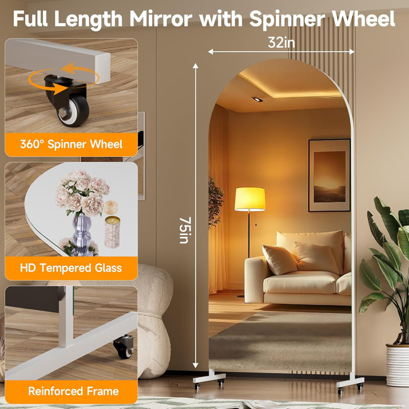 Home Gym Arched Mirror 360° Swivel on Wheels,Extra Large Full Body Rolling Mirror, Tempered Glass Easy to Move Full Length Mirror for Yoga Studio, Bedroom, Dancing Studio 3-Year Warranty