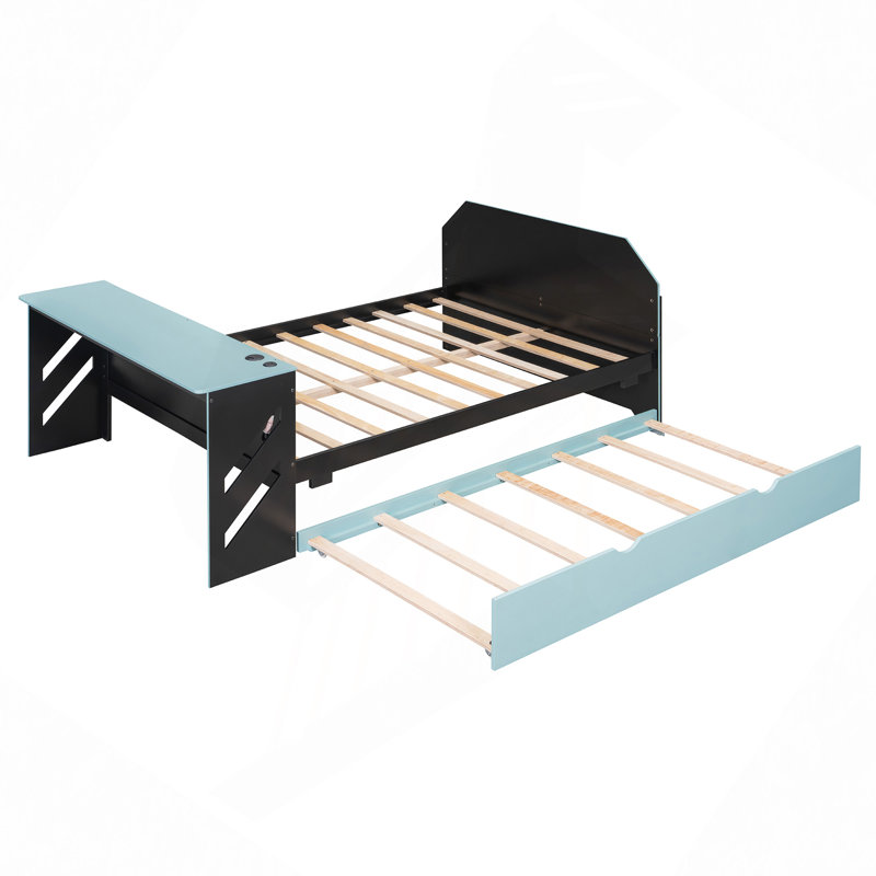 Lit de jour en bois avec couchette, bureau et port USB, Bleu