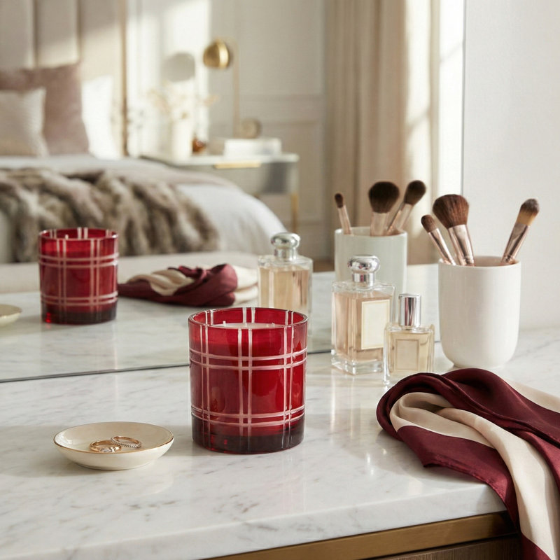 Bougie décorative parfumée à la vanille chaude pour le salon - Bougie moderne en cire de verre pour table basse, bibliothèque, chambre à coucher - 4 po, rouge et transparent