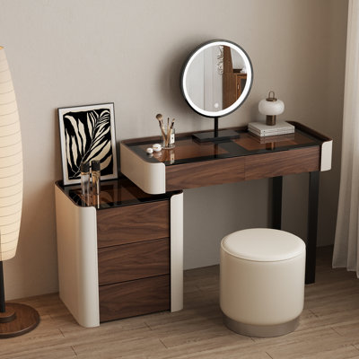 Ensemble de coiffeuse avec 5 tiroirs et plateau en verre