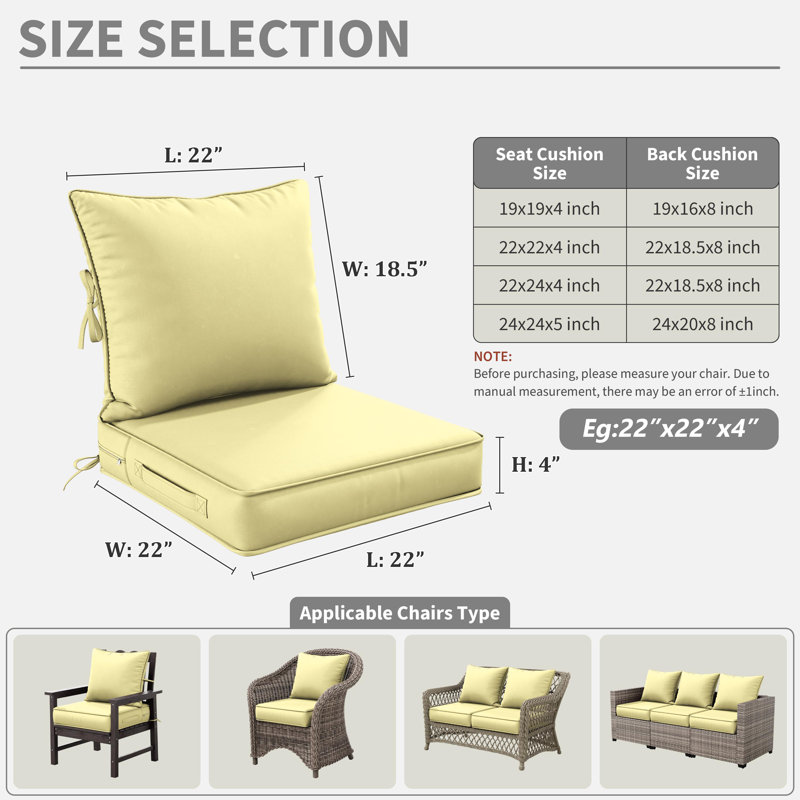 Outdoor Deep Seating Cushion Set Indoor And Outdoor Seat / Back Cushion, Available In 4 Sizes, 22" H x 22" W, Light Yellow