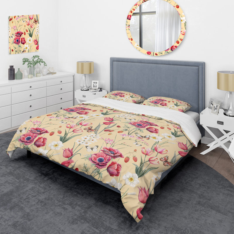 Ensemble de housse de couette à motif floral blanc et rose, Housse de couette simple + 1 taie décorative stan