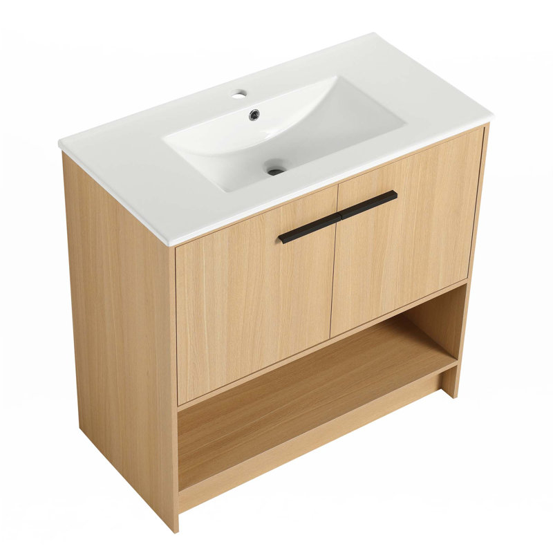 Meuble-lavabo de salle de bain avec lavabo en céramique, Noir, noir, noir, noir, Chêne