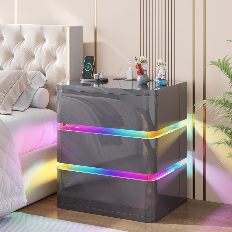 Fully Assembled 3-Drawer Nightstand with Charging Station and Motion Sensor RGB Light, Curved Profil, Grey