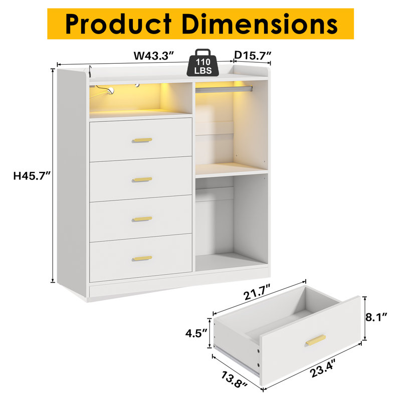 Commode 4 tiroirs avec lumières DEL et support à vêtements Hajun