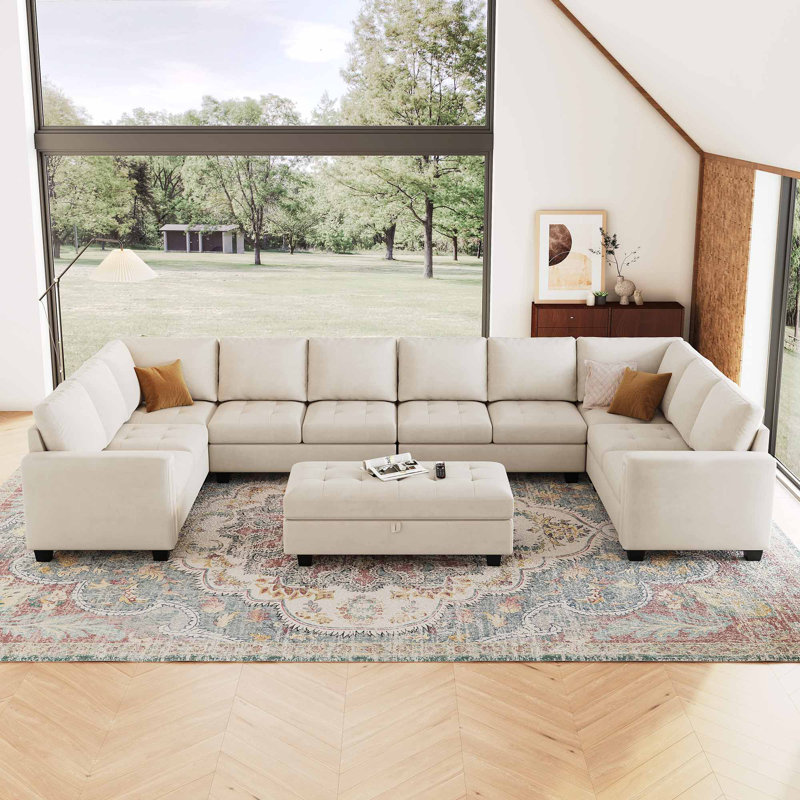 Shavera 155.8" W Velvet Upholstered 8-Person Sectional with Ottoman, Beige Velvet