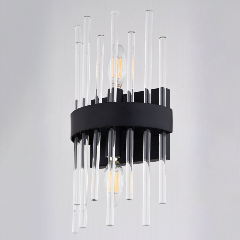 Delevan 2-Light 7.25 In. Wide Matte Black Modern Contemporary Wall Mounted Sconce With Clear Glass Rod Shade, Dimmable, LED Compatible, Metal Bathroom Vanity Lighting Fixture