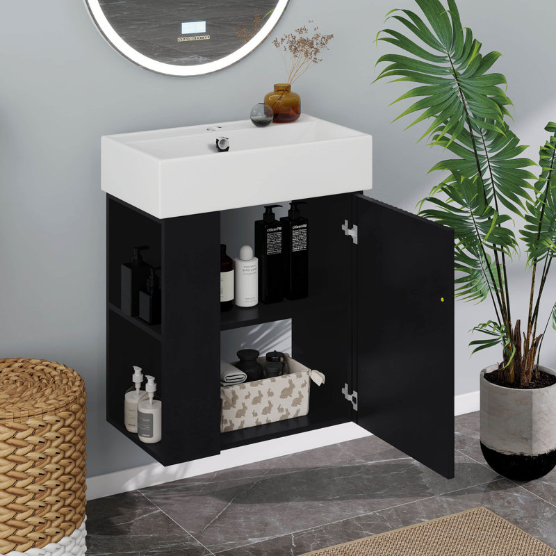 Meuble-lavabo flottant de 22 po avec lavabo, meuble-lavabo mural avec lavabo en céramique, rangement à gauche, Noir