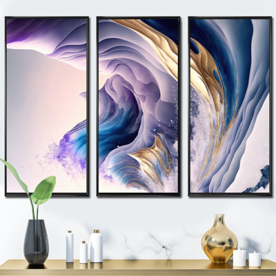 «Diondra» bleu, or et mauve Splash Paint IV - 3 pièces sur toile
