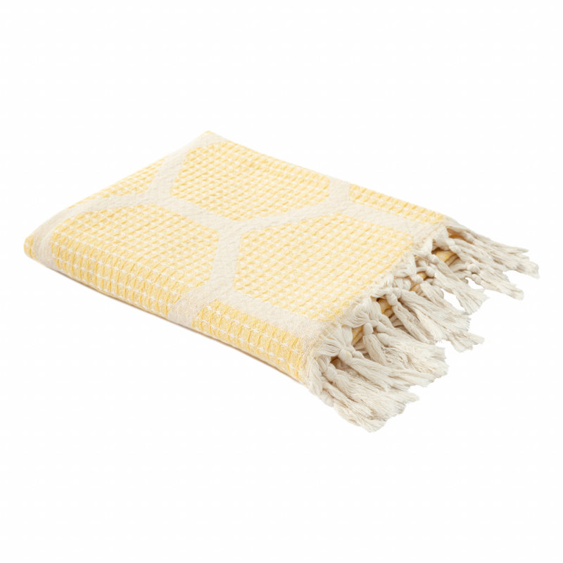 Yellow Honeycomb Pattern Turkish Cotton Throw Blanket with Tassels