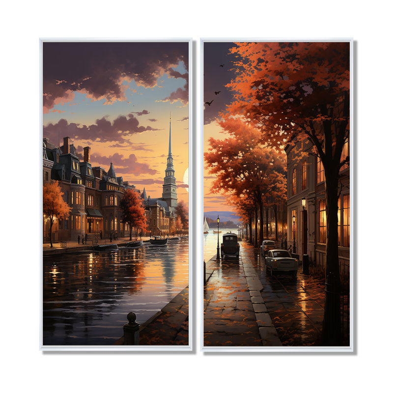 Étang à Boston souvenirs - art mural orange sur toile 2 panneaux, H 32 po x l 32 po, Impression encadrée flottante, Blanc