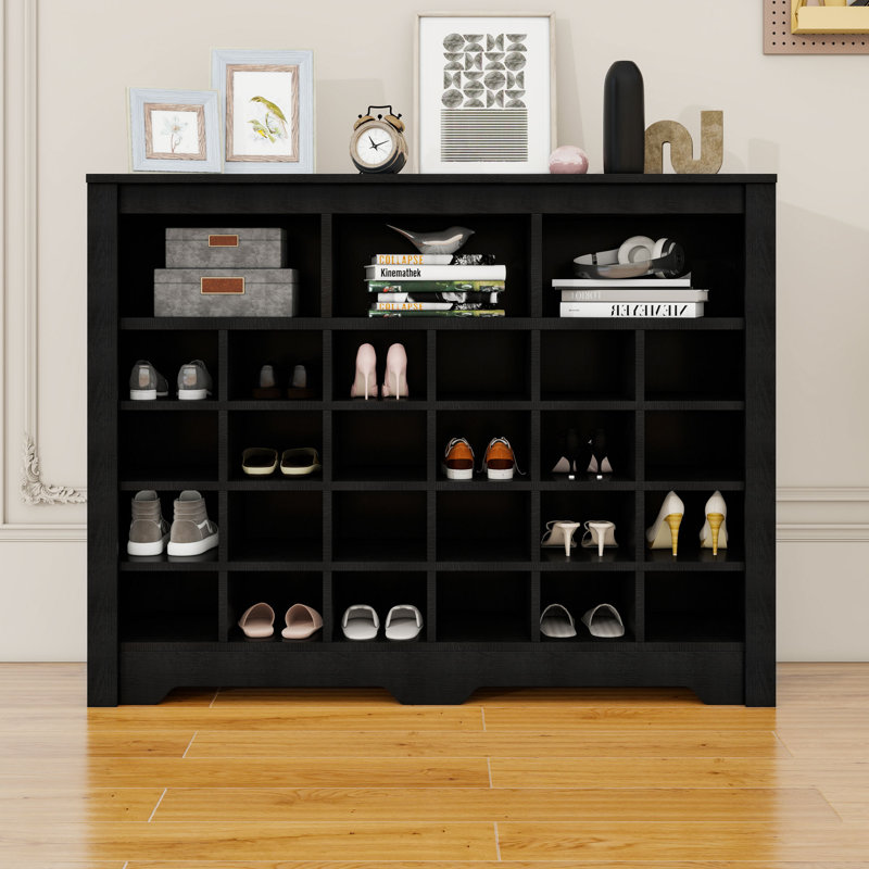 Sleek Design 24 Shoe Cubby Console, Modern Shoe Cabinet With Curved Base, Black