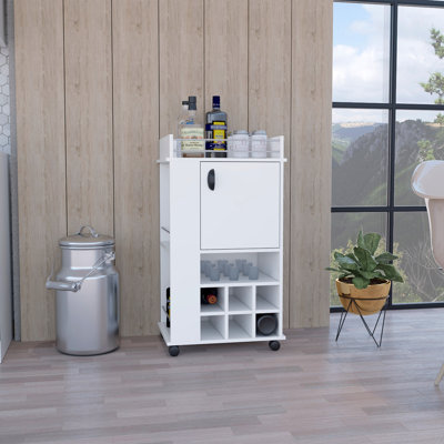 Bar Cart With Cabinet, 6 Built-In Wine Rack And Casters