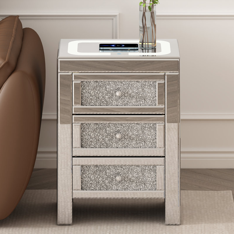 Table de bout rectangulaire en miroir argentée 15,7 po avec charge sans fil et USB et lumières DEL
