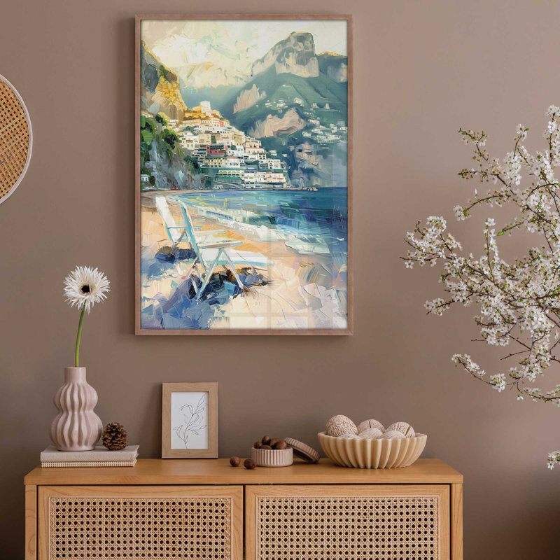 «Positano Beachfront Idyll», impression encadrée sur papier par Azure Artisanal Studio, Rose poudre