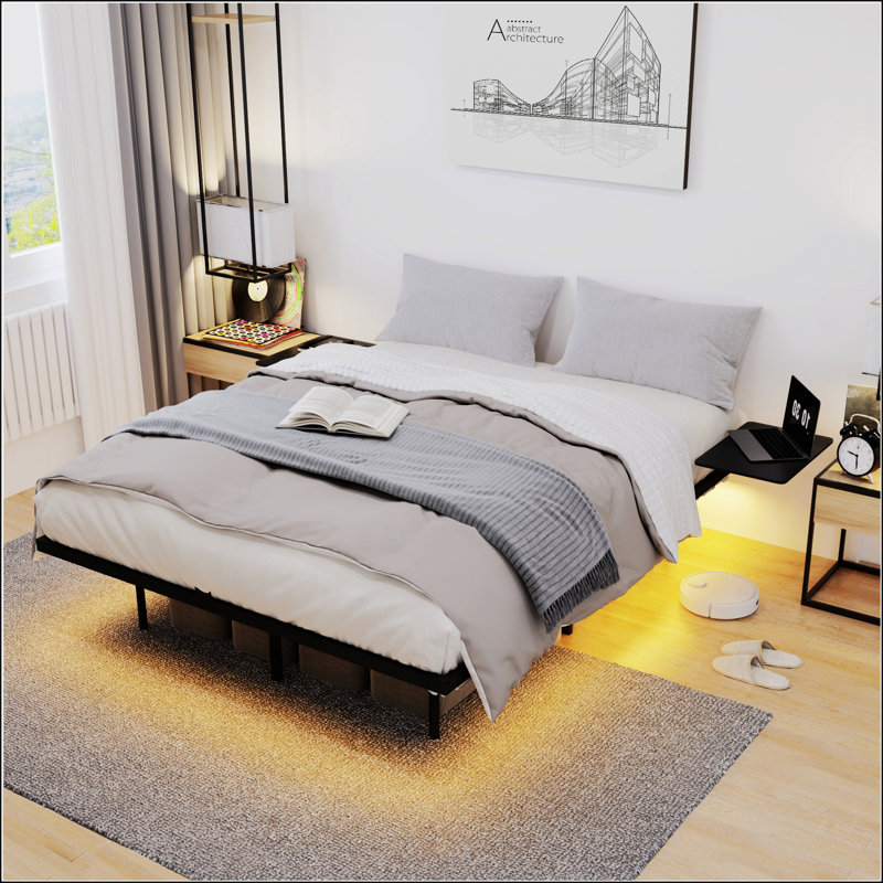Structure de lit en métal très grand avec lumière DEL, conception sans bruit pour un sommeil tranquille et élégant, Grand lit