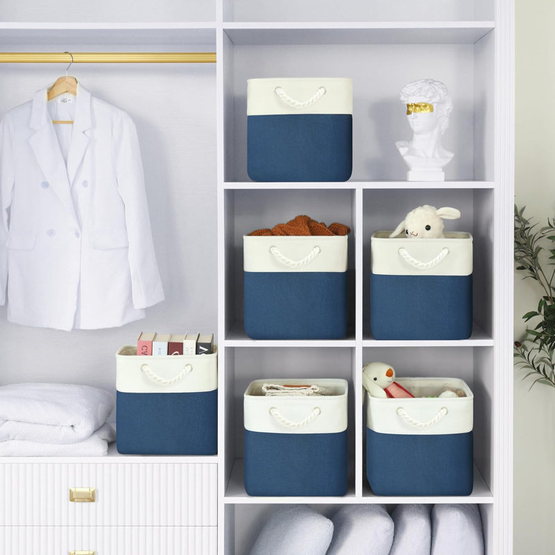 6-pack White & Blue Fabric Cube Storage Bins With Rope Handles