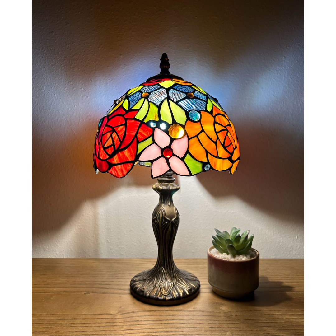 Markar Tiffany Mini Table Lamp Red Orange Blue Stained Glass Rose Flowers LED Bulb Included 8"W*8"D*15'H Astoria Grand