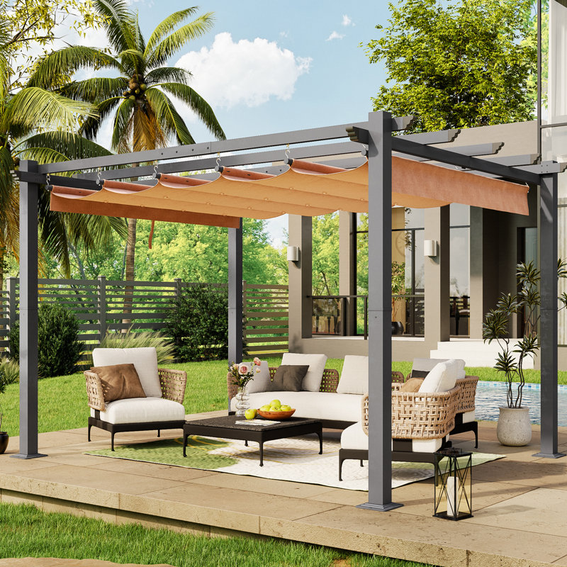 Pergola d'extérieur en métal avec auvent rétractable et support d'ancrage l 12 pi x P 10 pi, Abri pour voiture x P 10 po