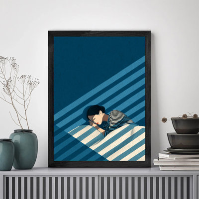 Art mural minimaliste encadré avec cadre en bois massif femme allongée sur son lit, cadeau d'art mural pour la maison et la décoration d'appartement