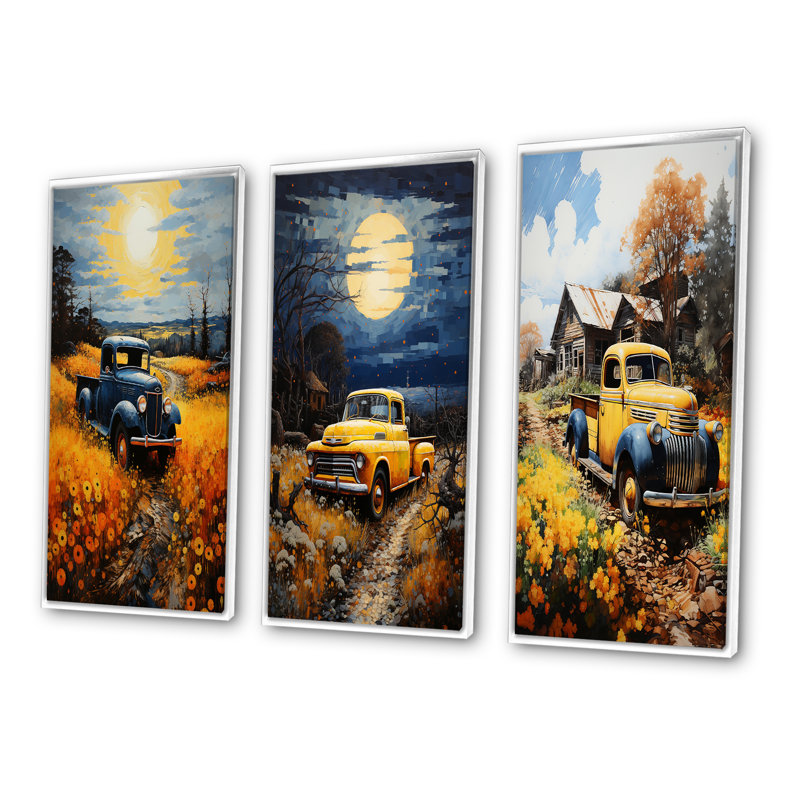 «Pickup Truck Rustic Rides», 3 pièces sur toile, Cadre flottant blanc, H 28 po x l 36 po