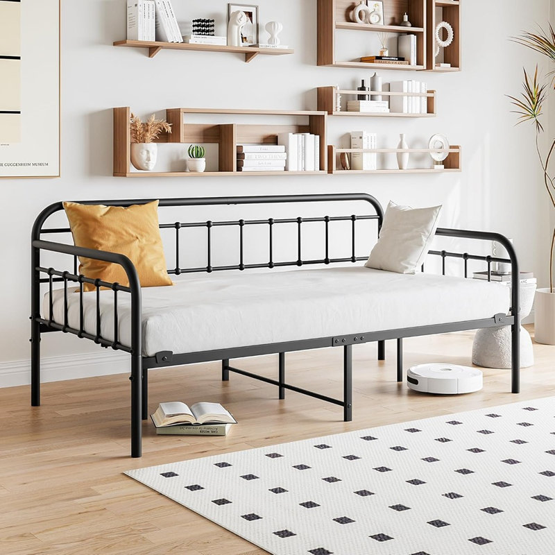 Black Twin Metal Daybed Frame, Heavy Duty Slat Platform For Sofa Bed Or Mattress Foundation, No Box Spring Needed