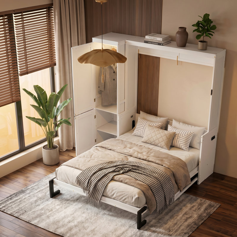 Grand lit escamotable en bois avec garde-robe, lit escamotable mural peu encombrant avec bureau, vérins à gaz et station de charge, armoire murale multifonctionnelle pour la chambre à coucher