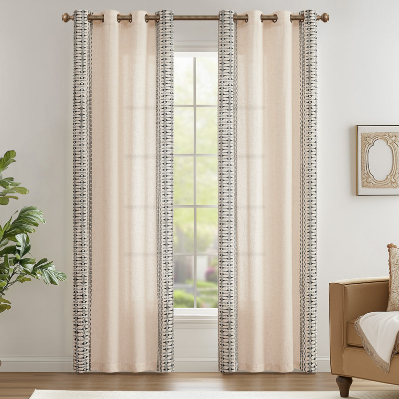 Paire de rideaux semi-transparents en lin Kidist, L 50 po x L 84 po, Noir / Beige