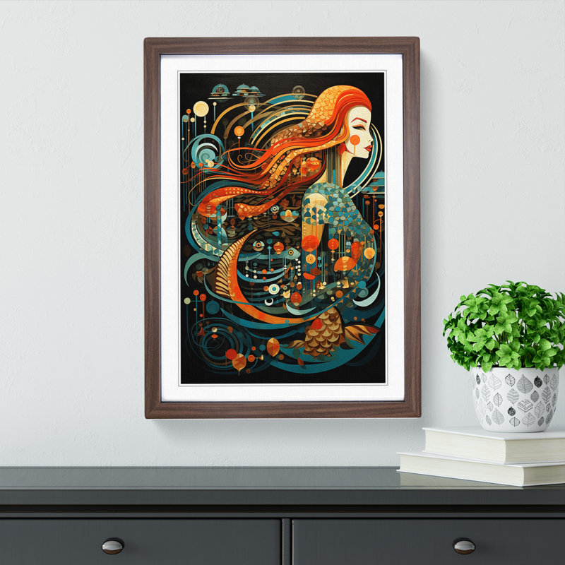 XYZ-FRM-V1223-4490 Mermaid Constructivism - Single Picture Frame Print on Wood, Walnut , 46cm H x 34cm W x 2cm D