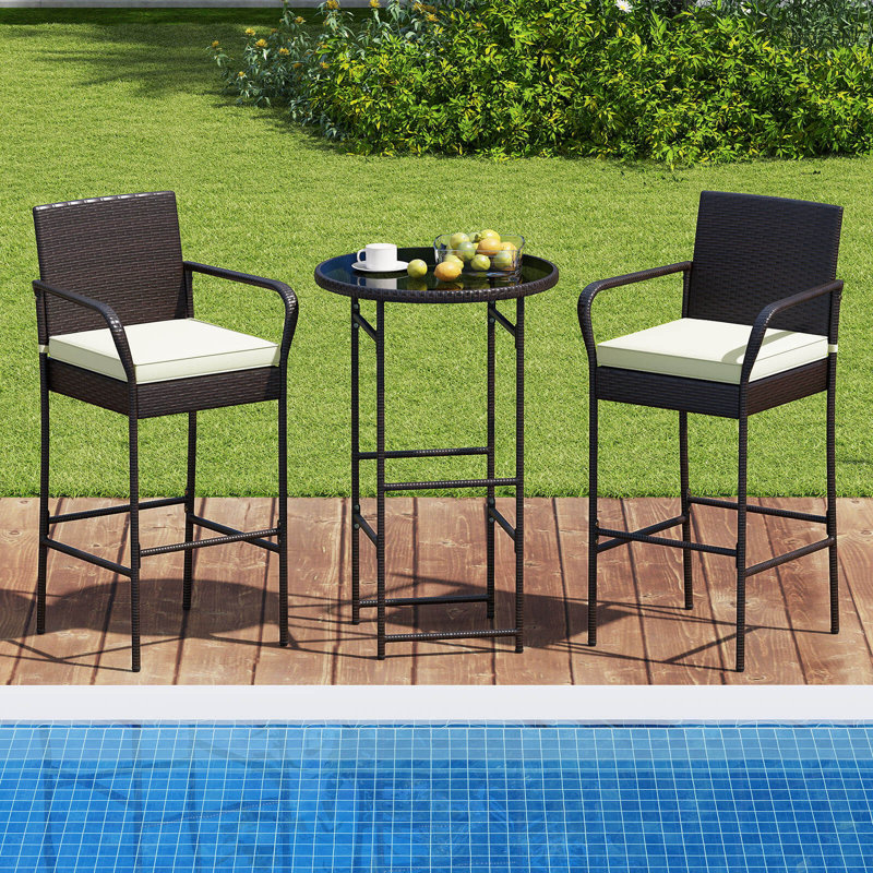3 Piece Outdoor Bar Set Metal Barstool & Table Set with Glass Tabletop
