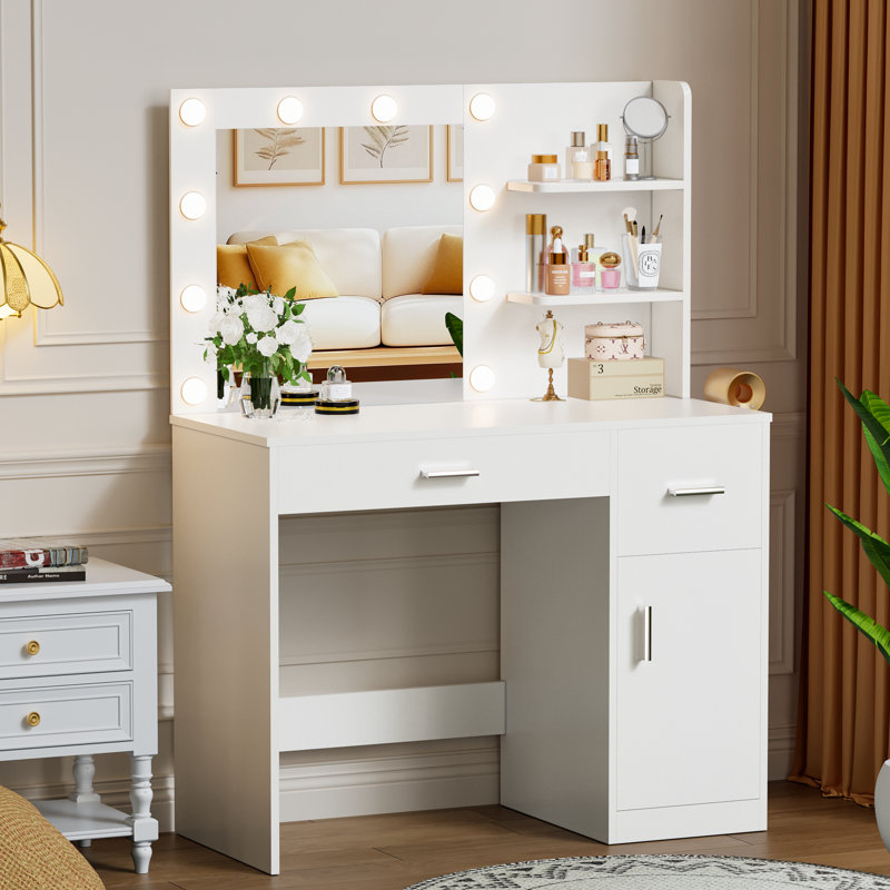 39.3" W Manufactured Wood Vanity Set with LED Mirror and Charging Station , White